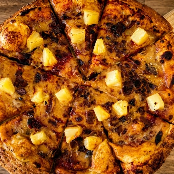 A sliced pineapple and bacon pizza on a wooden peel, viewed from directly above.