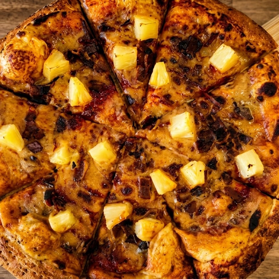 A sliced pineapple and bacon pizza on a wooden peel, viewed from directly above.