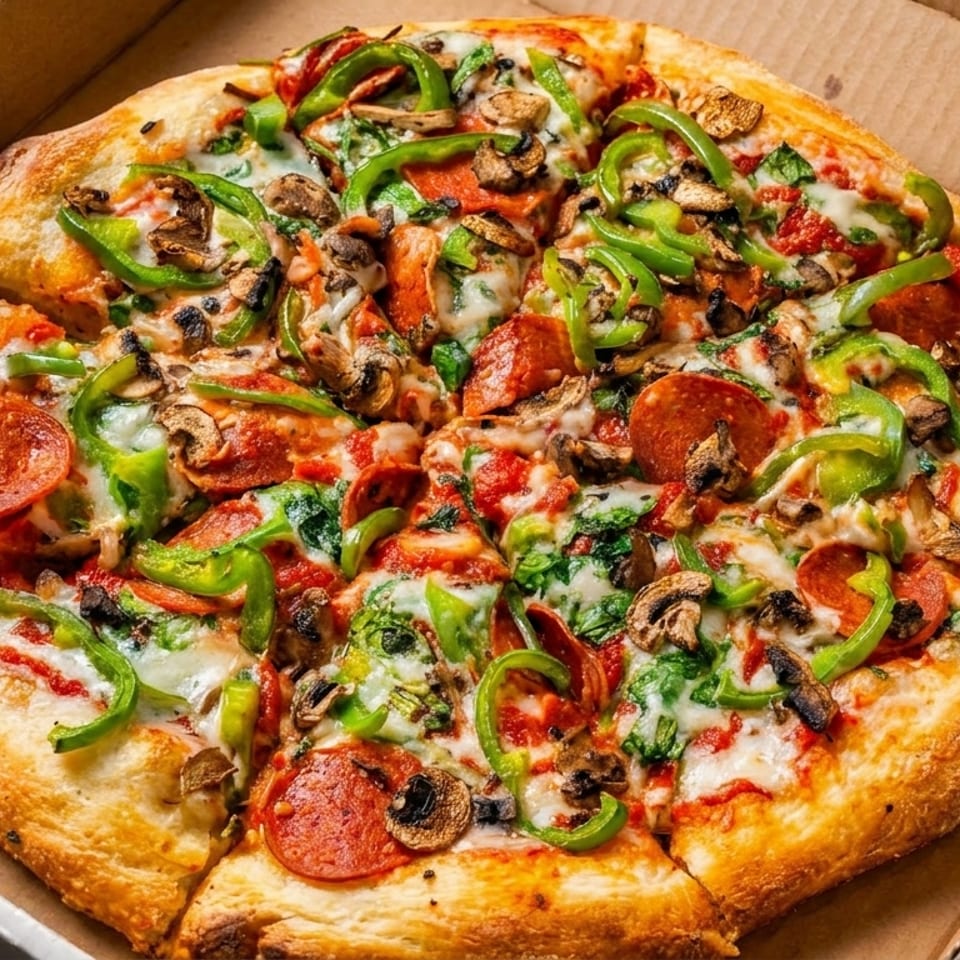 A whole pepperoni, mushroom, and green pepper pizza sits in an open cardboard delivery box.
