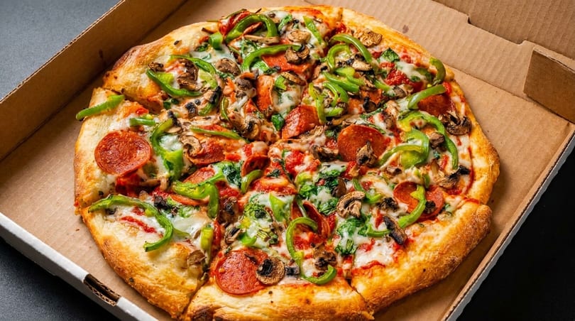 A whole pepperoni, mushroom, and green pepper pizza sits in an open cardboard delivery box.
