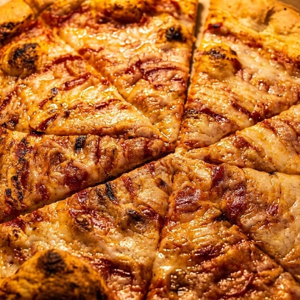 A whole, sliced cheese pizza with a thick, golden crust in a cardboard box.