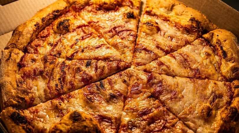 A whole, sliced cheese pizza with a thick, golden crust in a cardboard box.