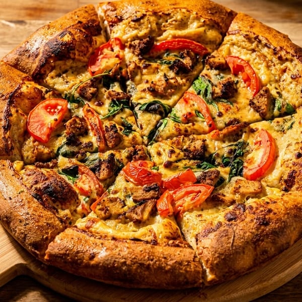 A freshly baked pizza with tomatoes, spinach, and chicken on a wooden serving board.