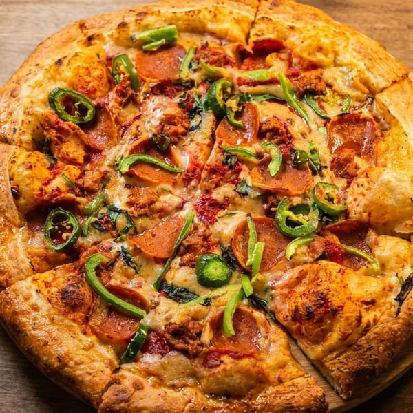 A freshly baked pizza with pepperoni, sausage, and green peppers on a wooden peel.