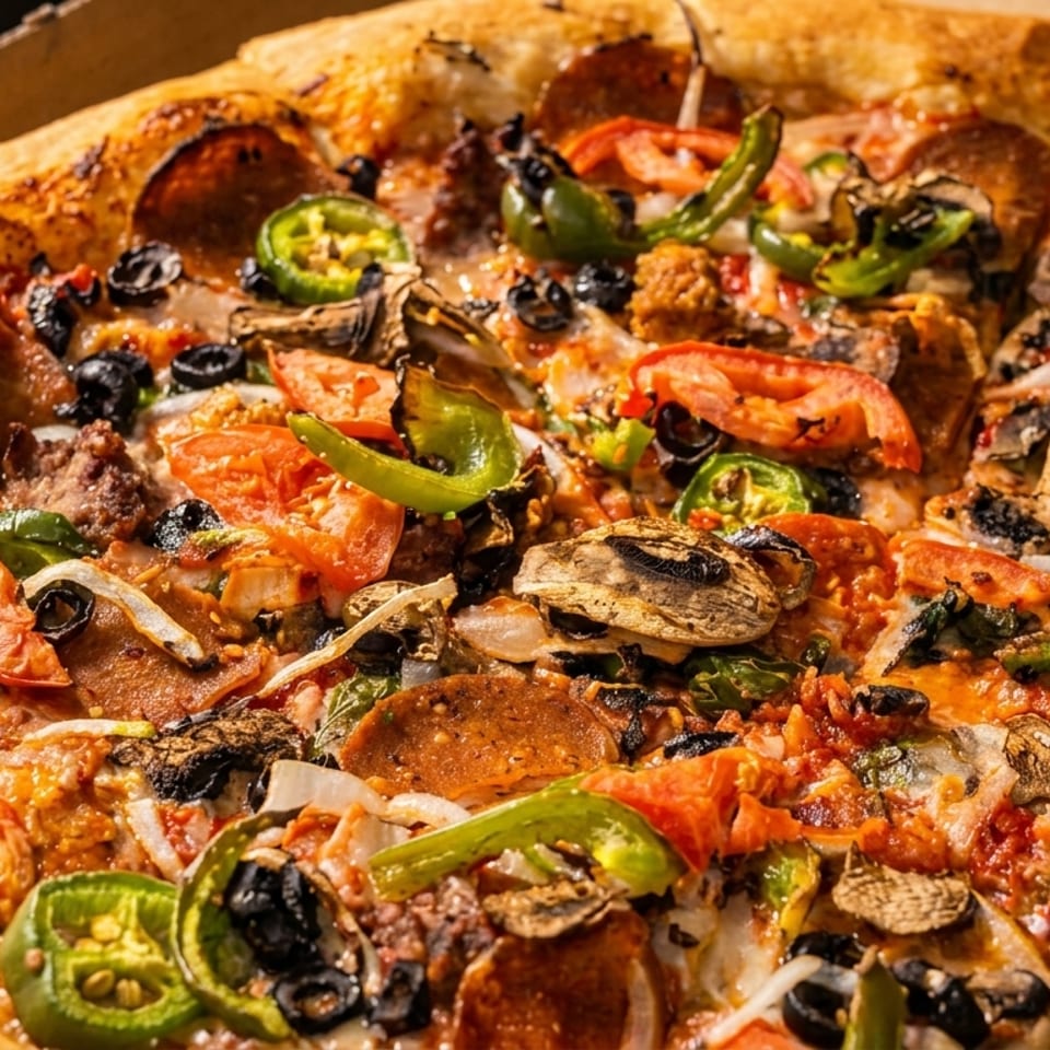 Close-up of a supreme pizza with pepperoni, sausage, olives, mushrooms, peppers, and tomatoes.