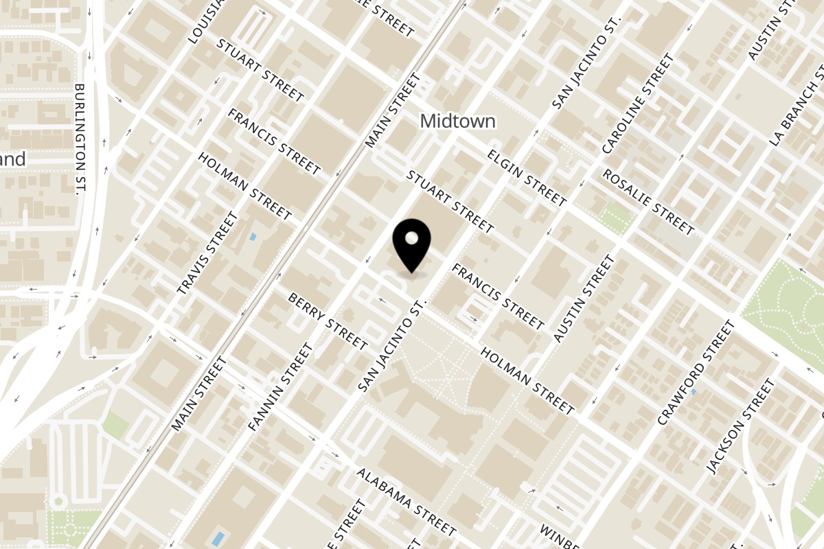 Map showing the location of Meek's Vegan Pizza on 1113 Holman St in Houston